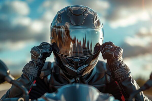 Motorcycle rider wearing helmet and gloves at sunset A close-up of a motorcycle rider wearing a black helmet and gloves, with the sun setting in the background.