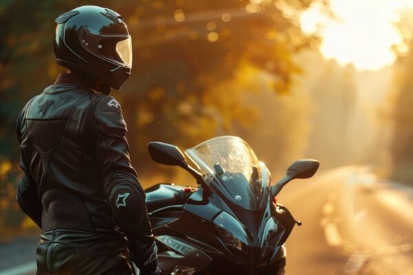 Biker wearing protective gear standing by motorcycle on road Biker wearing protective gear standing by motorcycle on road