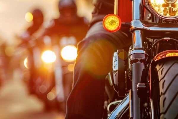 motorcyclist group on the road at sunset. banner with copy space