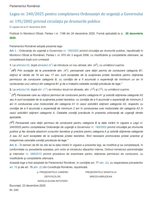 Legea 240/2025 pentru completarea OUG nr 195/2002 privind circulatia pe drumurile publice