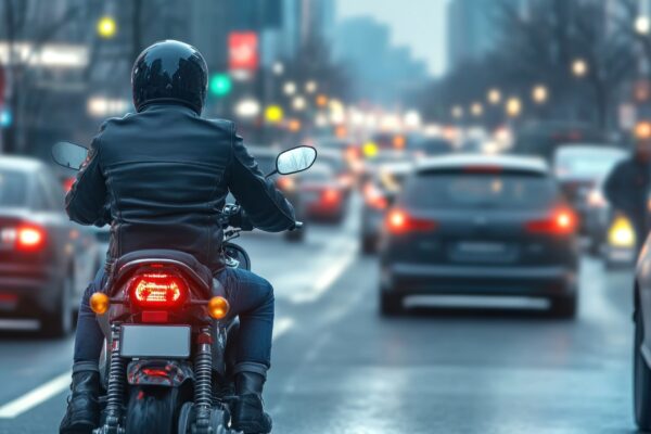 Motorcyclists navigate tight spaces in heavy traffic on a busy city street at dusk.