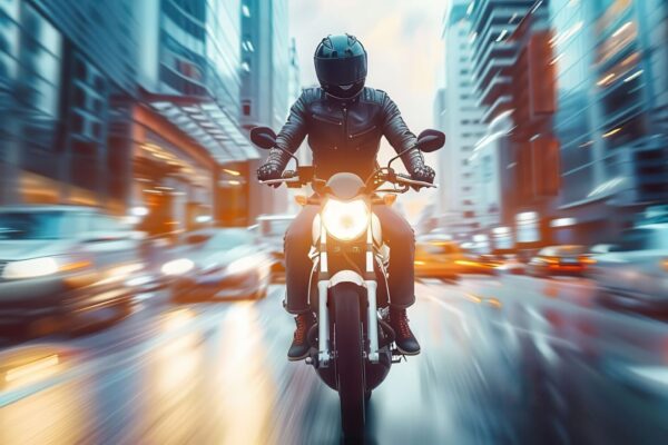 A motorcyclist is speeding down a busy city street.