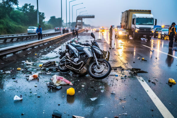 Car crash accident with motorbike on road. Generative AI.