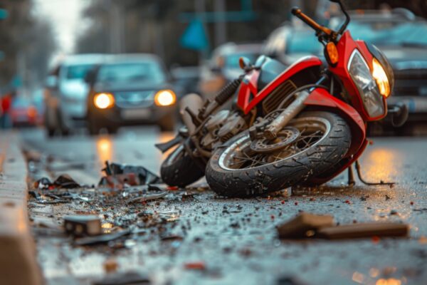 Crashed motorcycle accident scene on city street. Broken bike after traffic collision, damaged vehicle on asphalt road. Personal injury lawyer service, insurance claim process concept for web banner Crashed motorcycle accident scene on city street. Broken bike after traffic collision, damaged vehicle on asphalt road. Personal injury lawyer service, insurance claim process concept for web banner