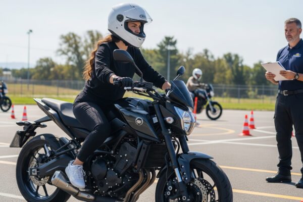 Female motorcycle training session with instructor observing in outdoor course.