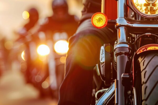 motorcyclist group on the road at sunset. banner with copy space